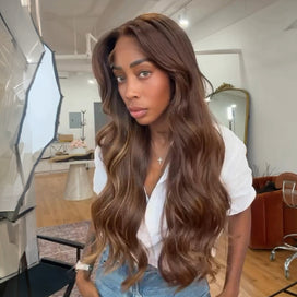 Perruque 13x4 Dentelle Balayage Brun Densité 250% Style Chic Densité 250% Wear & Go Glueless Highlight