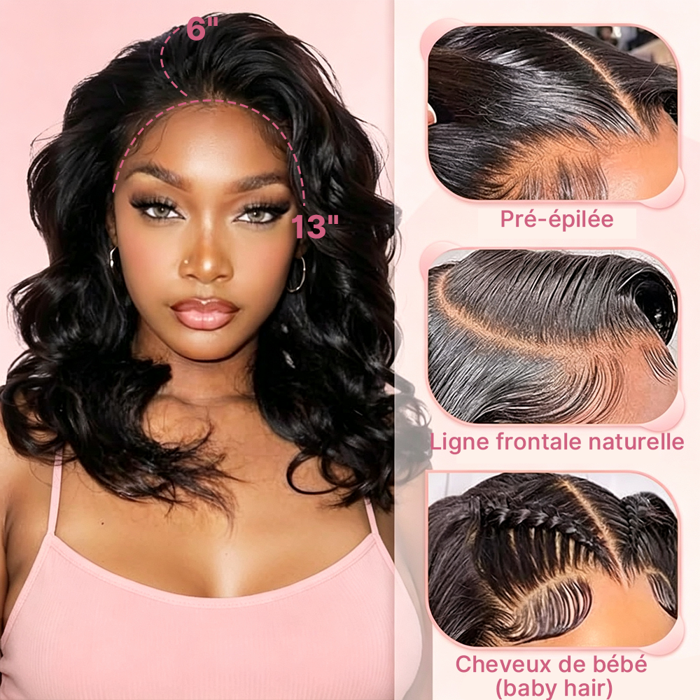 13x4 Grande Surface Glueless 16‘’ Bob Perruque Sans Colle Wear Go Cheveux Humains Loose Wave