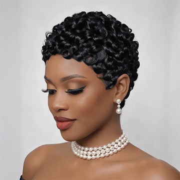 Élégante Coupe Pixie Bouclée Perruque Full Lace Cheveux Humains