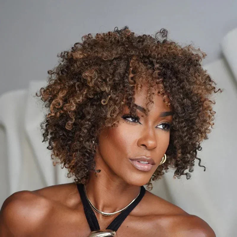 Glueless Couleur Highlight Bob Perruque Sans Colle Avec Franges Afro Bouclée 250% Densité