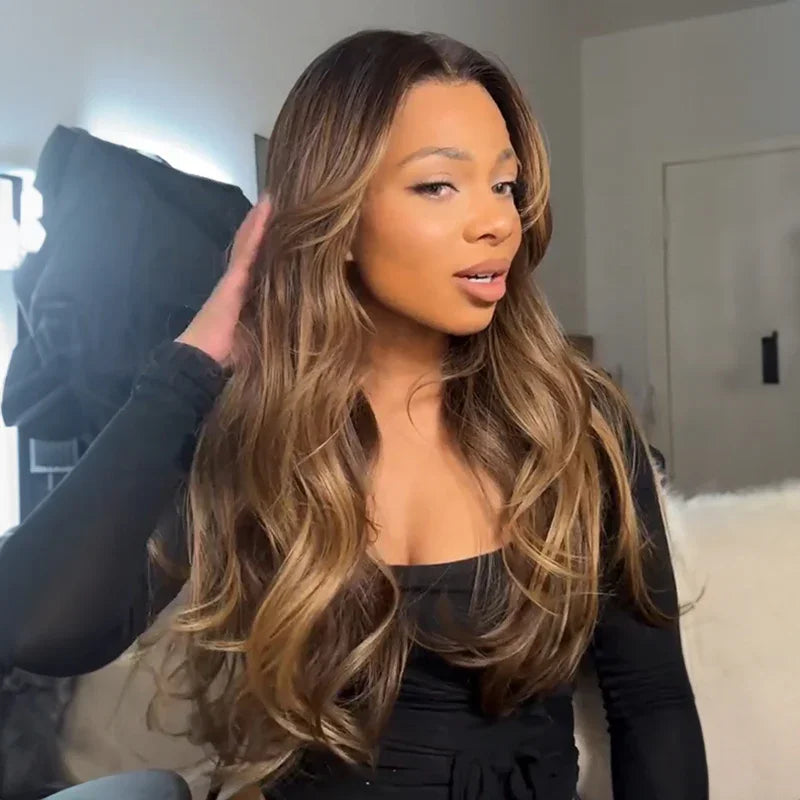 Perruque 13x4 Sans Colle Dégradé Ombré Brun et Mèches Blondes Densité 250% Wear & Go Glueless