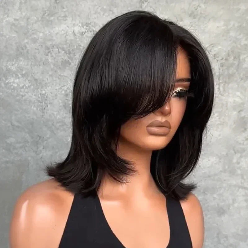 Effet Salon Glueless Couches Wear Go 4x4 Perruque Bob Sans Colle Avec Frange Cheveux Humains Ondulé