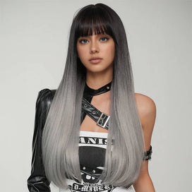 🎃Halloween Glueless Perruque Cheveux Synthétiques Lisse Ombrée Noire À Grise Sans Colle Avec Frange