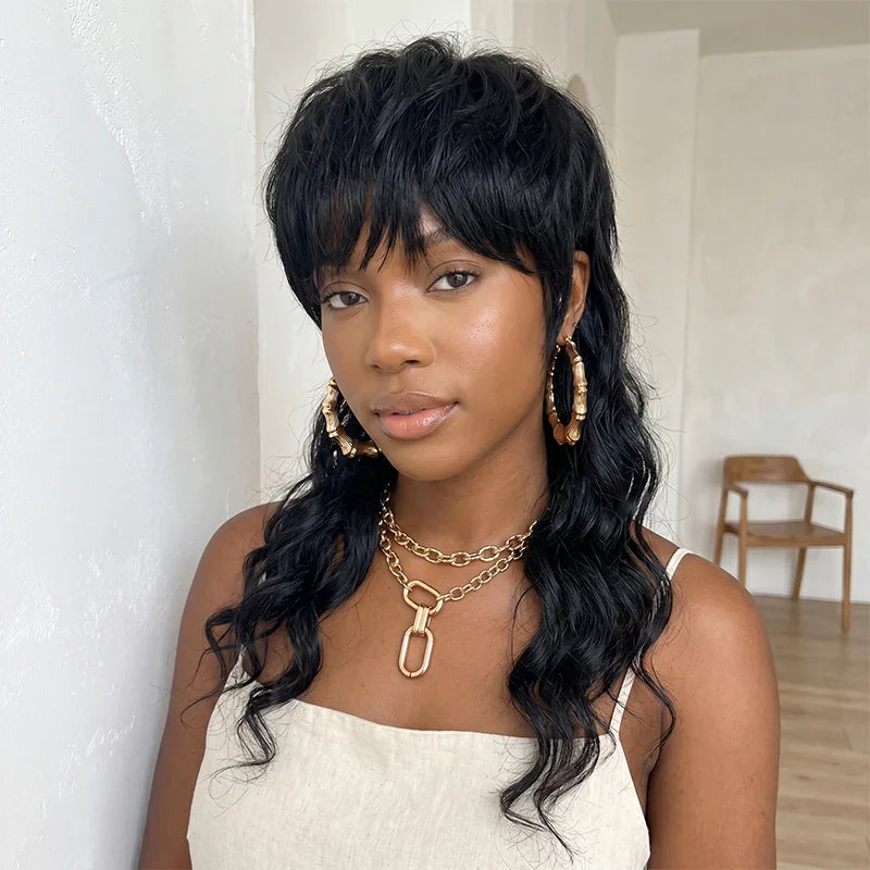 Perruque sans colle Mullet Layered Mullet Perruque with Bang Body Wave Cheveux Humains