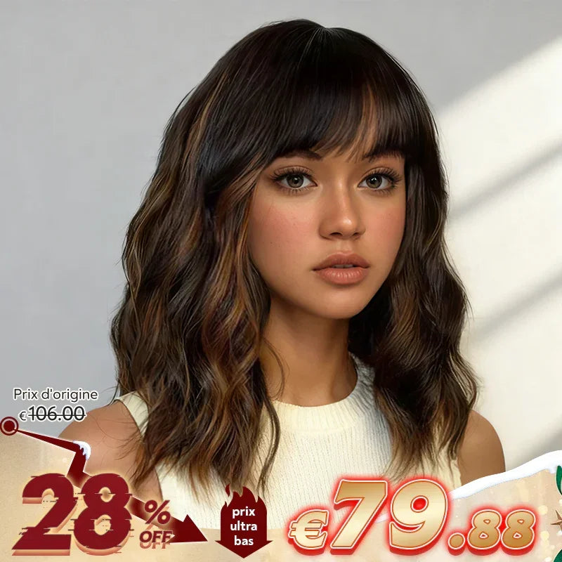 Bob Curly Wig with Bangs Black #4/27 Color 200% Density