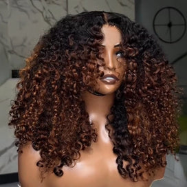 Perruque Ombré Brown à Racines Noires 4x4 Glueless Densité 250% avec Frange Longue