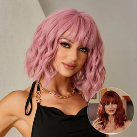 🎃Halloween Perruque Synthétique Bob Rose Et Rouge Cheveux Courts Ondulés Naturels Pour Femmes Fête Quotidienne