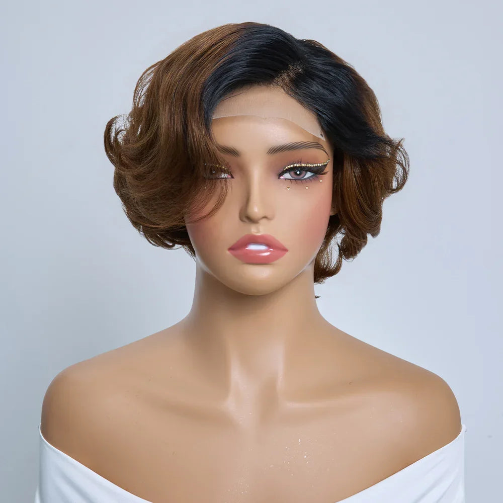 4x4 Légèrement Ondulé Raie Sur Le Côté Glueless Sans Colle Perruque Short Bob Wavy