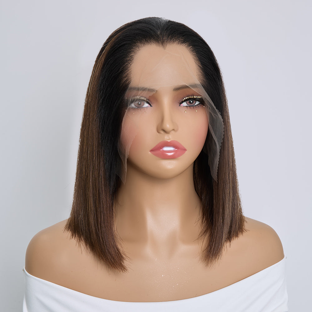 Perruque Gluesless Bob Lisse Vietnamien Vierge 13x6 Coloration Ombré Ligne en M Sans Effort Sans colle