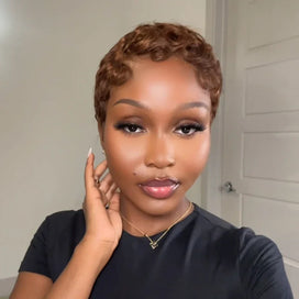 Perruque Pixie Bob Brun Chocolat Water Wave Glueless Style Élégant Sans Colle