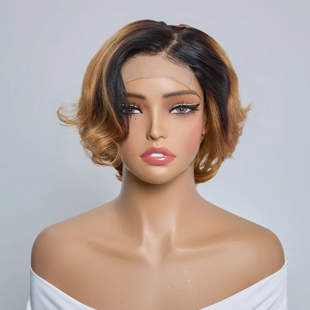 4x4 Légèrement Ondulé Raie Sur Le Côté Glueless Sans Colle Perruque Short Bob Wavy