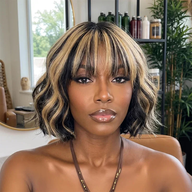 Brown Colored Bob wig with bangs Smooth 200% density