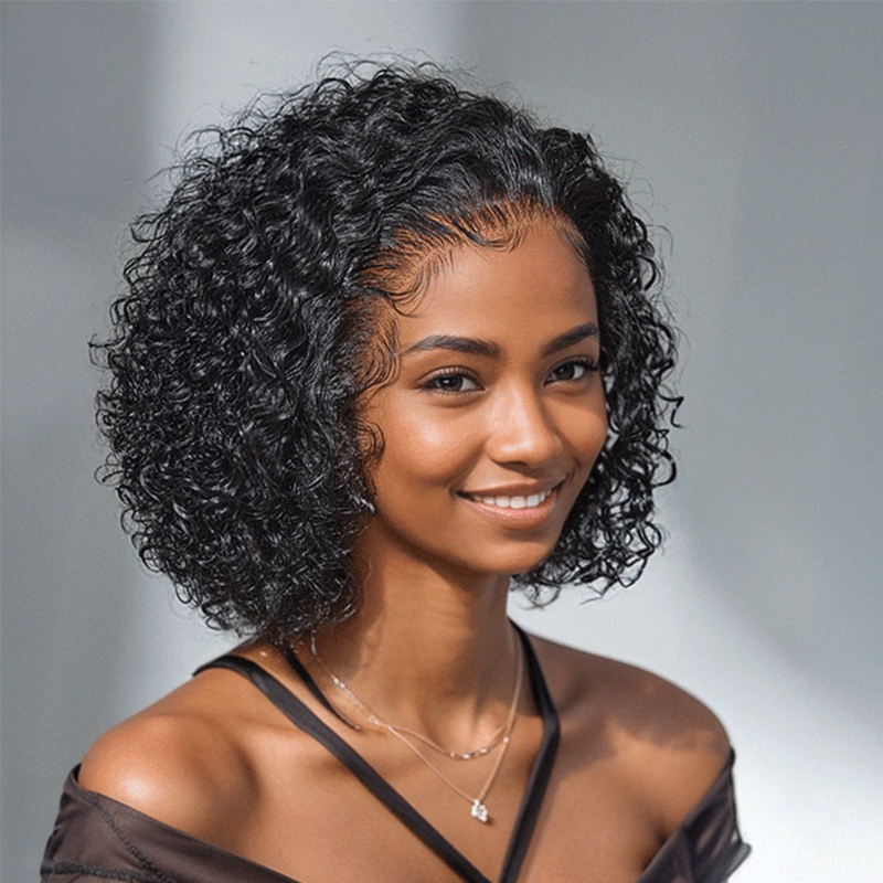 13x4 Glueless Mèches Brunes/Noir Jais Perruque Sans Colle Coupe Courte Vague Bouclée Bob