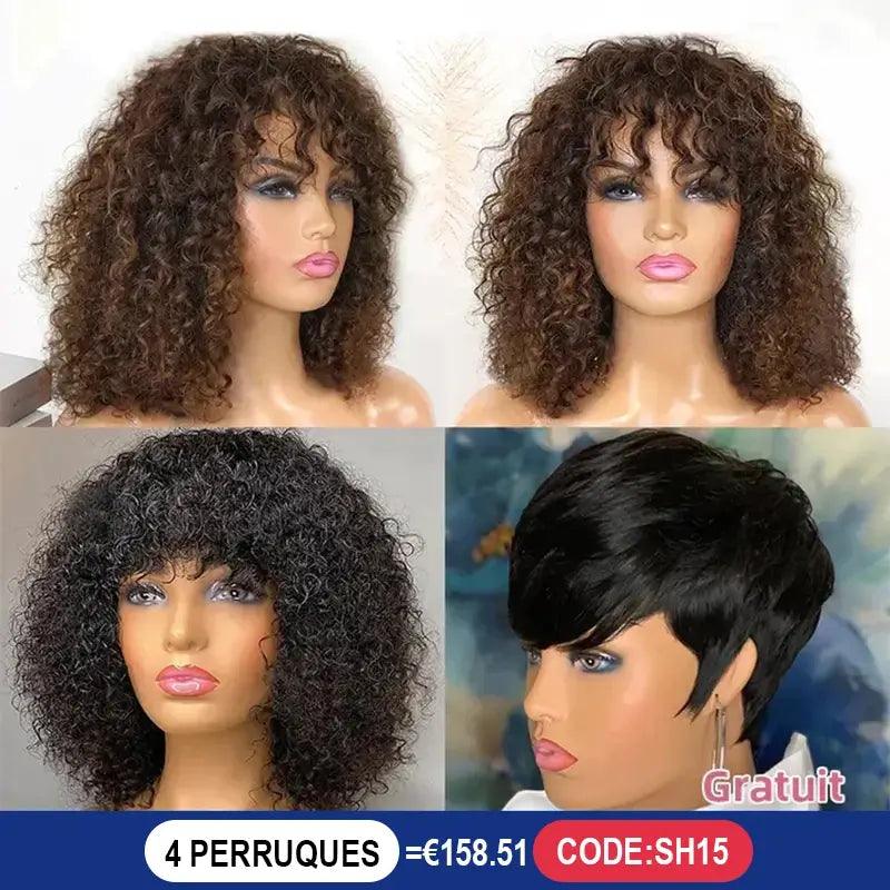 2 Perruques à Franges Cheveux Brésiliens Bouclés 1 Perruque Pixie Gratuite - SHINE HAIR