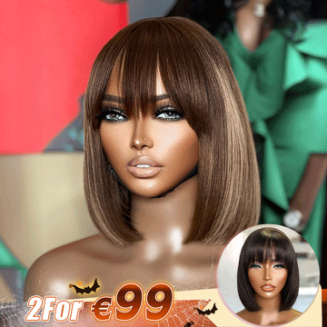 2 𝑭𝑶𝑹 €99🔥 Essentiel De L'Été Soyeux Bob Facile À Coiffer Glueless Perruque Lisse Avec Frange