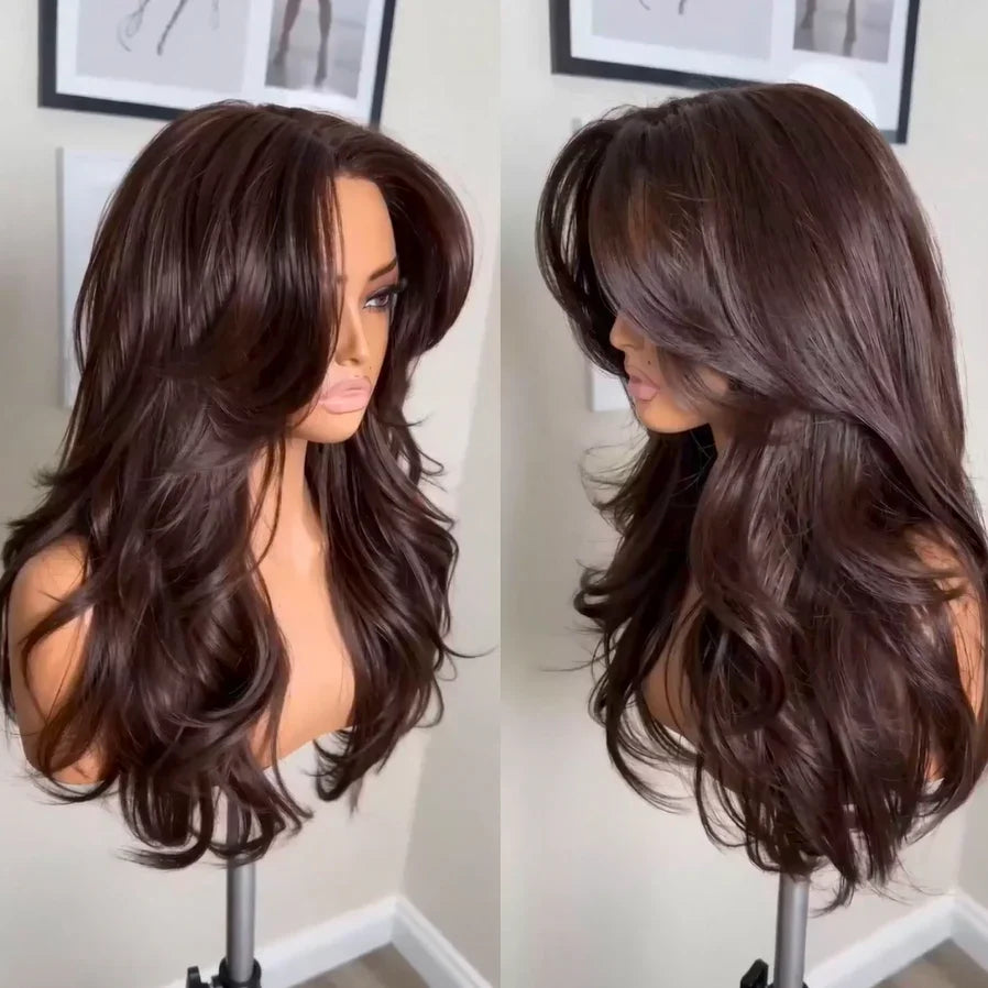 Chic Parisien Perruque 13x4 Glueless Ondulations Légères & Dégradé Long Brun Foncé