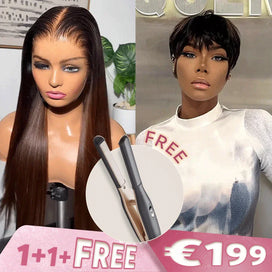 𝟏+𝟏+𝐅𝐑𝐄𝐄💥Glueless Perruque 9x6 Lisse+Glueless Pixie Perruque Lisse Taille Modèle