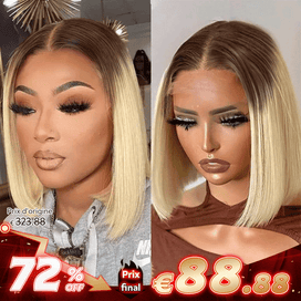 Éclatante Séparation Libre Pré-épilé Ombre Brun à Blond 13x4 Dentelle Bob Perruque Lisse