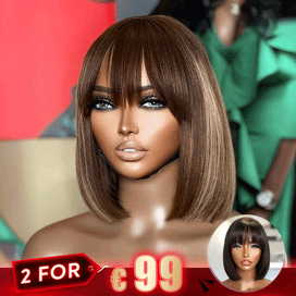 2 𝑭𝑶𝑹 €99🔥 Essentiel De L'Été Soyeux Bob Facile À Coiffer Glueless Perruque Lisse Avec Frange