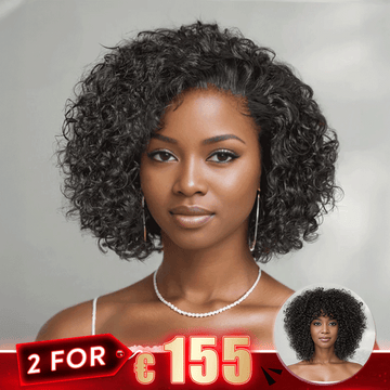 2 𝑭𝑶𝑹 €155.88🔥8"Glueless Courte Bouclée Bob+10"Glueless Bouclée Avec Franges Bob Perruque Sans Colle