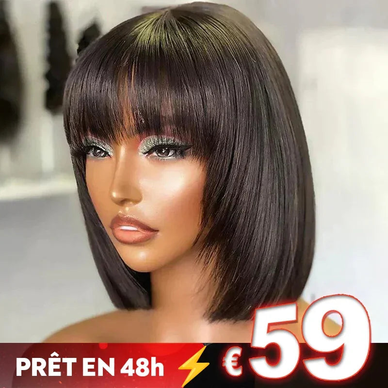 Bob Wig With Bangs Straight Human Hair Wig 200% Density