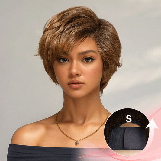 Glueless Couche Sans Nœuds Couleur Blonde Miel 7x4 Perruque Coupe Pixie Sans Colle