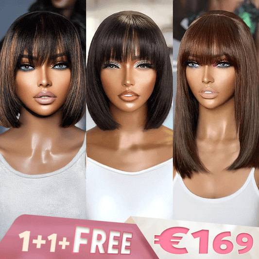 1+1+𝑭𝒓𝒆𝒆💥Pour Débutants Glueless Bob Perruque Cheveux Humains Avec Frange Lisse