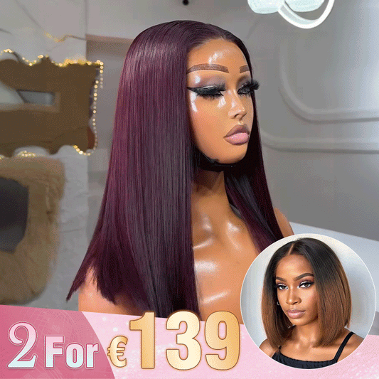 2 𝑭𝑶𝑹 €139🔥 Soyeux Glueless Violet Foncé 5x5 Perruque Sans Colle +2x6 Dentelle Bob Perruque