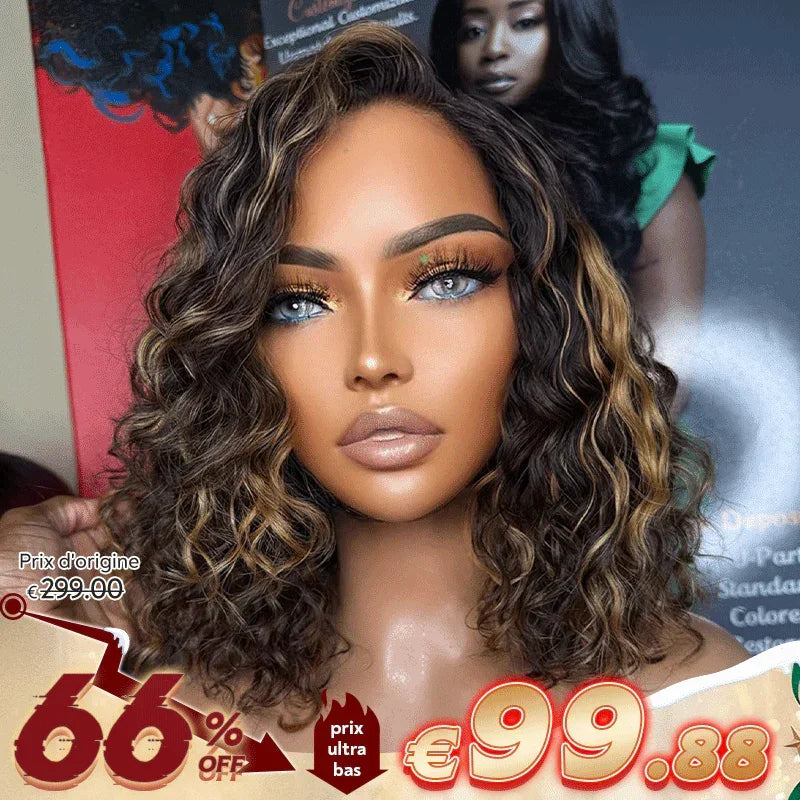 Glueless Couleur Mèches Blondes Miel 7x4 Nœuds Blanchis Perruque Sans Colle Bouclé