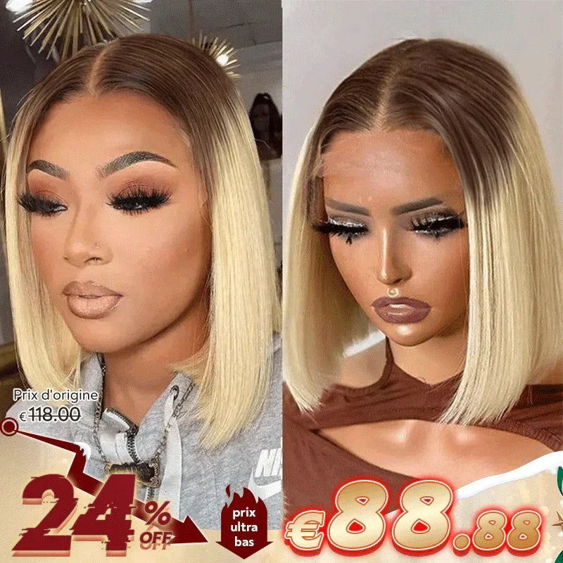 Éclatante Séparation Libre Pré-épilé Ombre Brun à Blond 13x4 Dentelle Bob Perruque Lisse