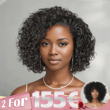 2 𝑭𝑶𝑹 €155.88🔥8"Glueless Courte Bouclée Bob+10"Glueless Bouclée Avec Franges Bob Perruque Sans Colle