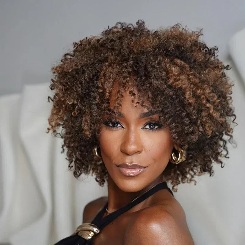 Glueless Couleur Highlight Bob Perruque Sans Colle Avec Franges Afro Bouclée 250% Densité