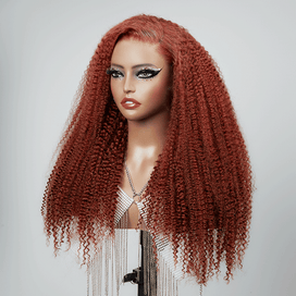 Effet Volume Instantané 9x6 Glueless Couleur Brun rougeâtre Nœuds Pré-blanchis Kinky Curly Perruque Sans Colle