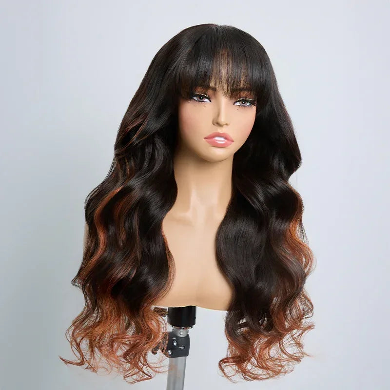Glueless Sans Nœuds Couleur Highlight 4x4 Perruque Sans Colle Body Wave Avec Frange 250% Densité