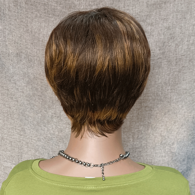 Une Beauté Sans Effort Glueless Couleur #4-27 Mèches Brunes Highlight Pixie Court Lisse Perruque Sans Colle