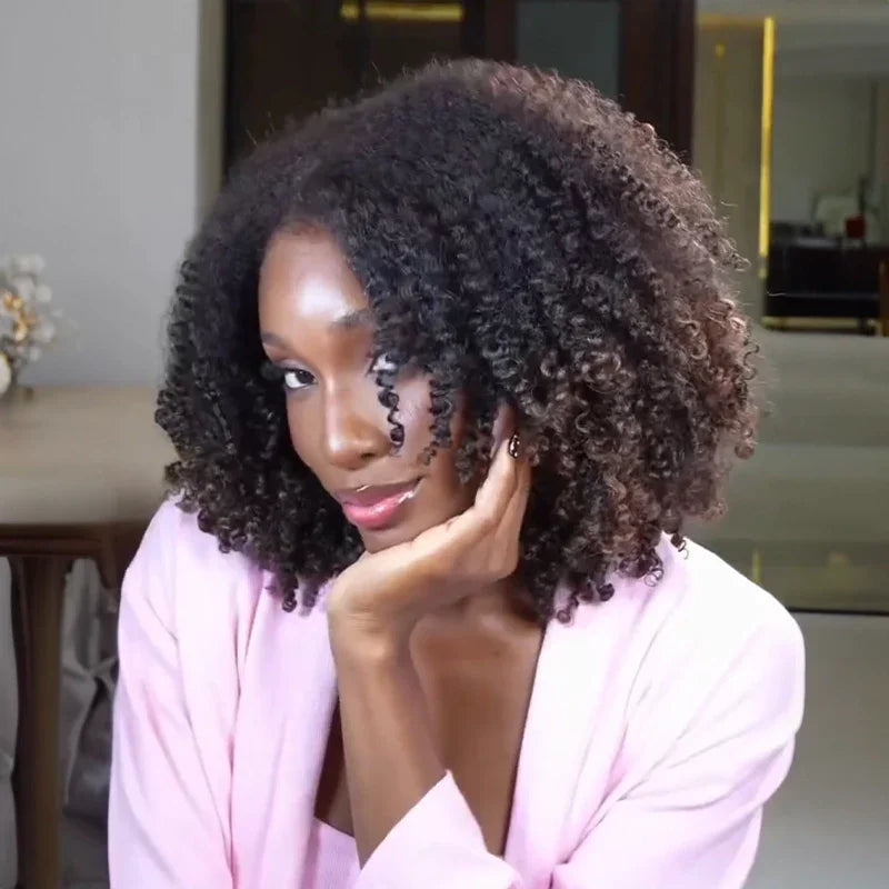 4x4 Glueless Brun Ombré 4C Edeges Perruque Bob Sans Colle Avec Bouclé 250% Densité