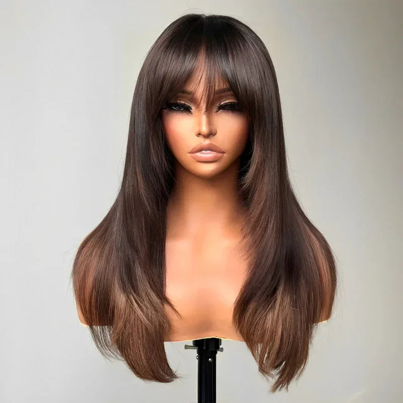 Glueless Coupe Dégradée Couleur Mèches Brunes Avec Frange 4x4 Wear Go Perruque Sans Colle Lisse