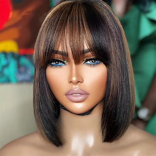 Brown Colored Bob wig with bangs Smooth 200% density