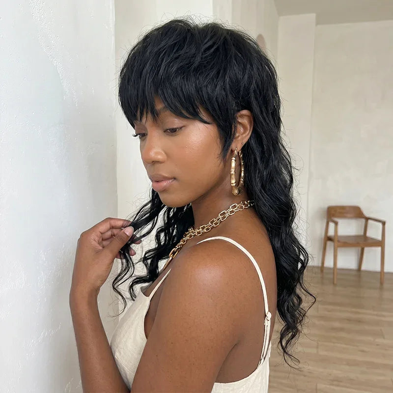 Perruque sans colle Mullet Layered Mullet Perruque with Bang Body Wave Cheveux Humains