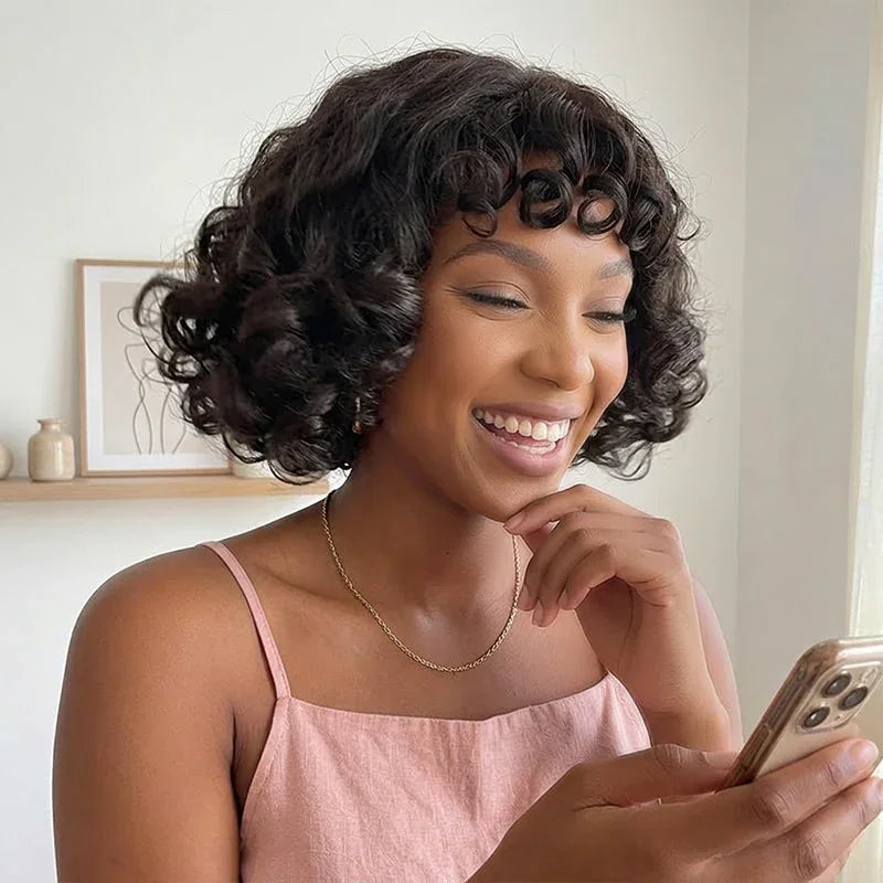 Glueless Faux Cuir Chevelu Bob Perruque Sans Colle Rose Bouclé 3s Wear Go