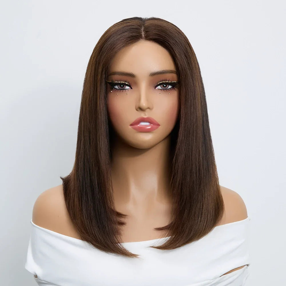 Perruque Bob 4x4 Sans Colle Noir Naturel & Mèches Brunes Cheveux Naturels Lisse