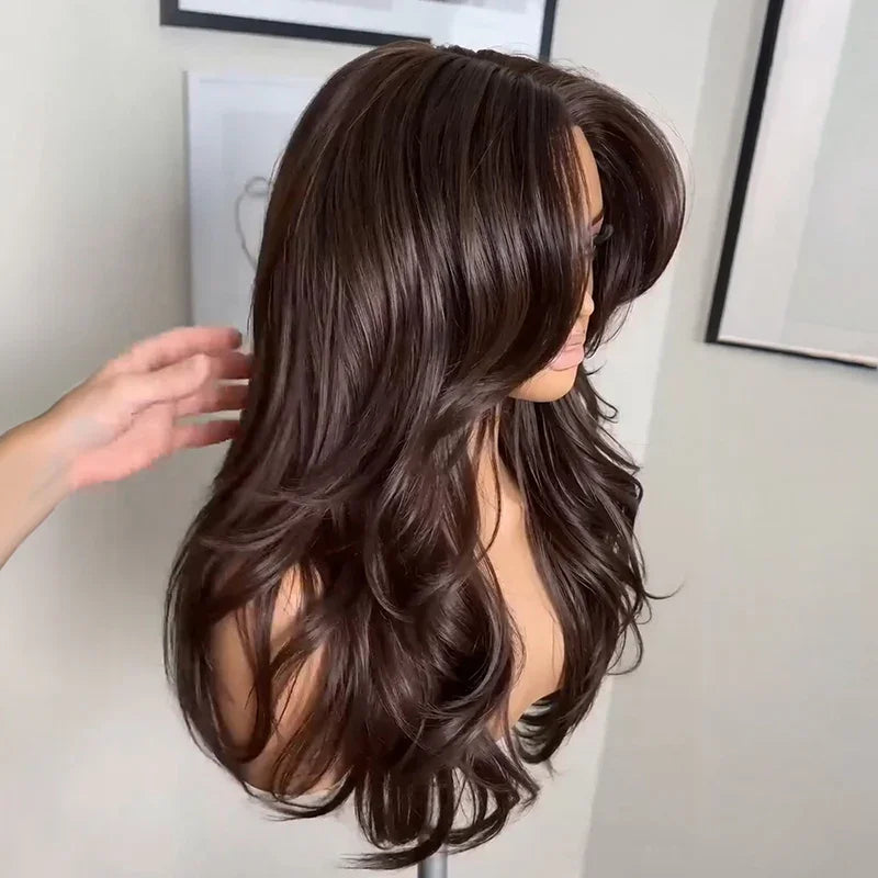 Chic Parisien Perruque 13x4 Glueless Ondulations Légères & Dégradé Long Brun Foncé