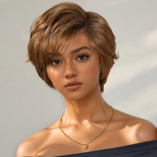 Glueless Couche Sans Nœuds Couleur Blonde Miel 7x4 Perruque Coupe Pixie Sans Colle