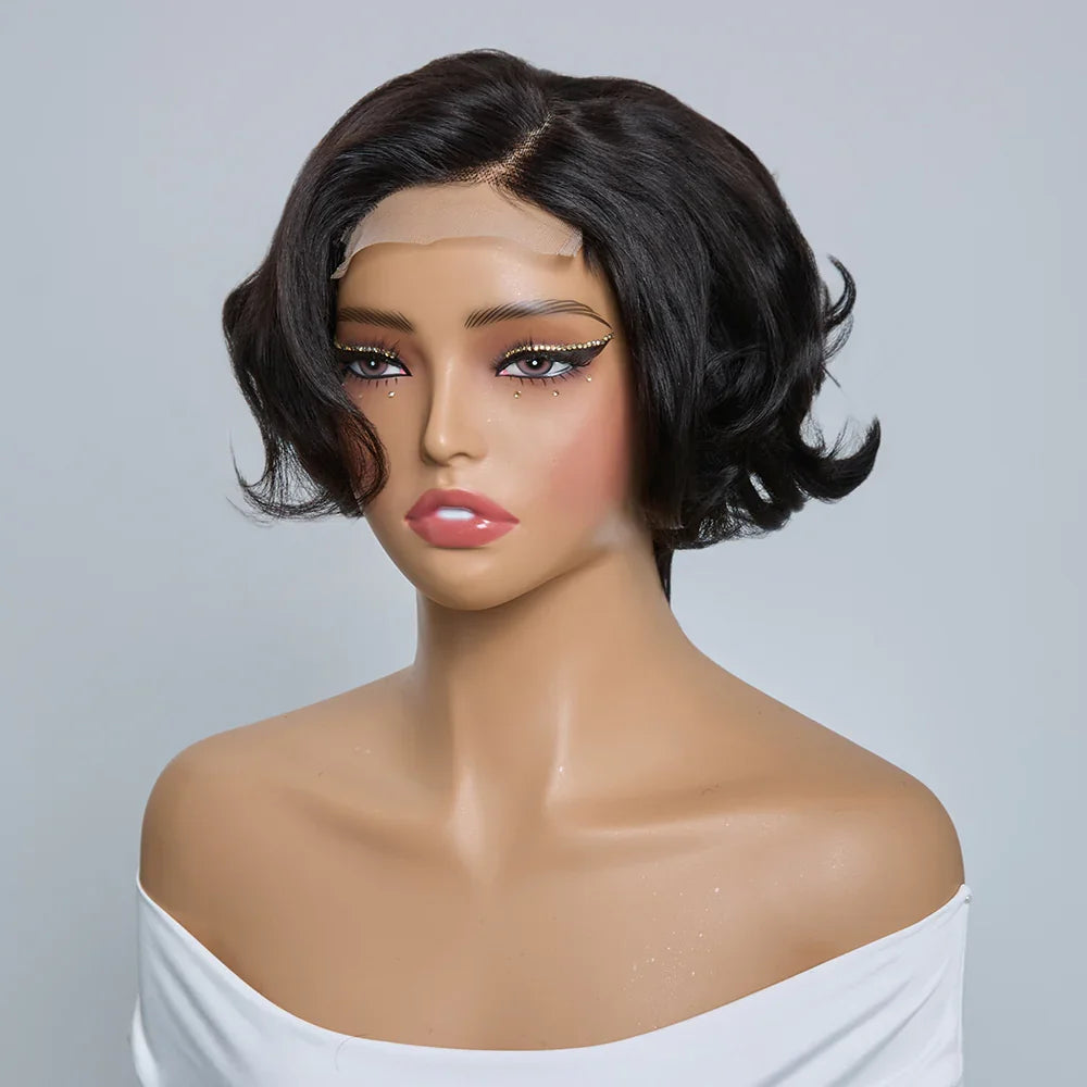 4x4 Légèrement Ondulé Raie Sur Le Côté Glueless Sans Colle Perruque Short Bob Wavy