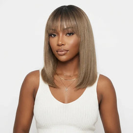 Ready to Wear Glueless Couleur Ombre Thé Lait Dégradé Lisse Perruque Sans Colle Bob Avec Frange