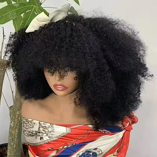 Glueless Style Brésilien Afro Kinky Curly Bob Perruque Sans Colle Avec Frange 350% Densité