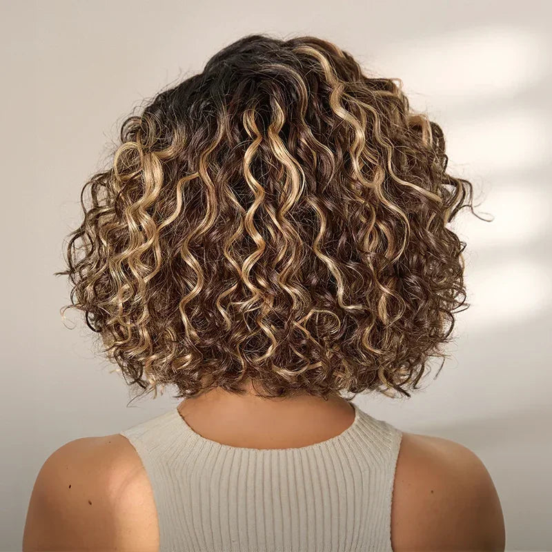 Glueless Couleur Mèches Blondes & Noir Naturel 5x5 Wear Go Perruque Sans Colle Bouclé