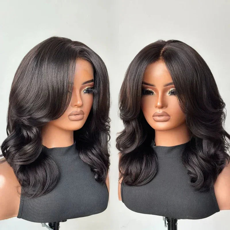 Chic Glueless 4x4 Perruque Sans Colle Avec Frange Rideau Cheveux Humains Ondulé