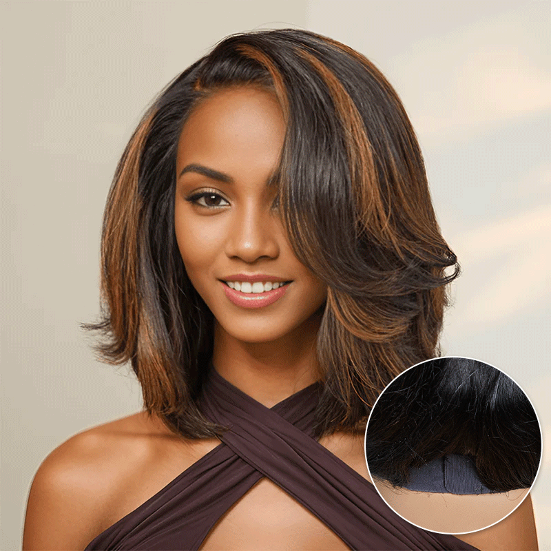 Glueless Couche Mèches Brune Highlight 7x4 Bob Perruque Sans Colle Ondulé 250% Densité