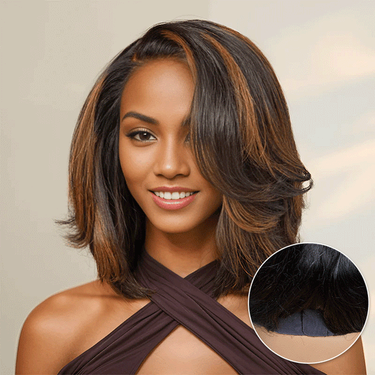 Glueless Couche Mèches Brune Highlight 7x4 Bob Perruque Sans Colle Ondulé 250% Densité